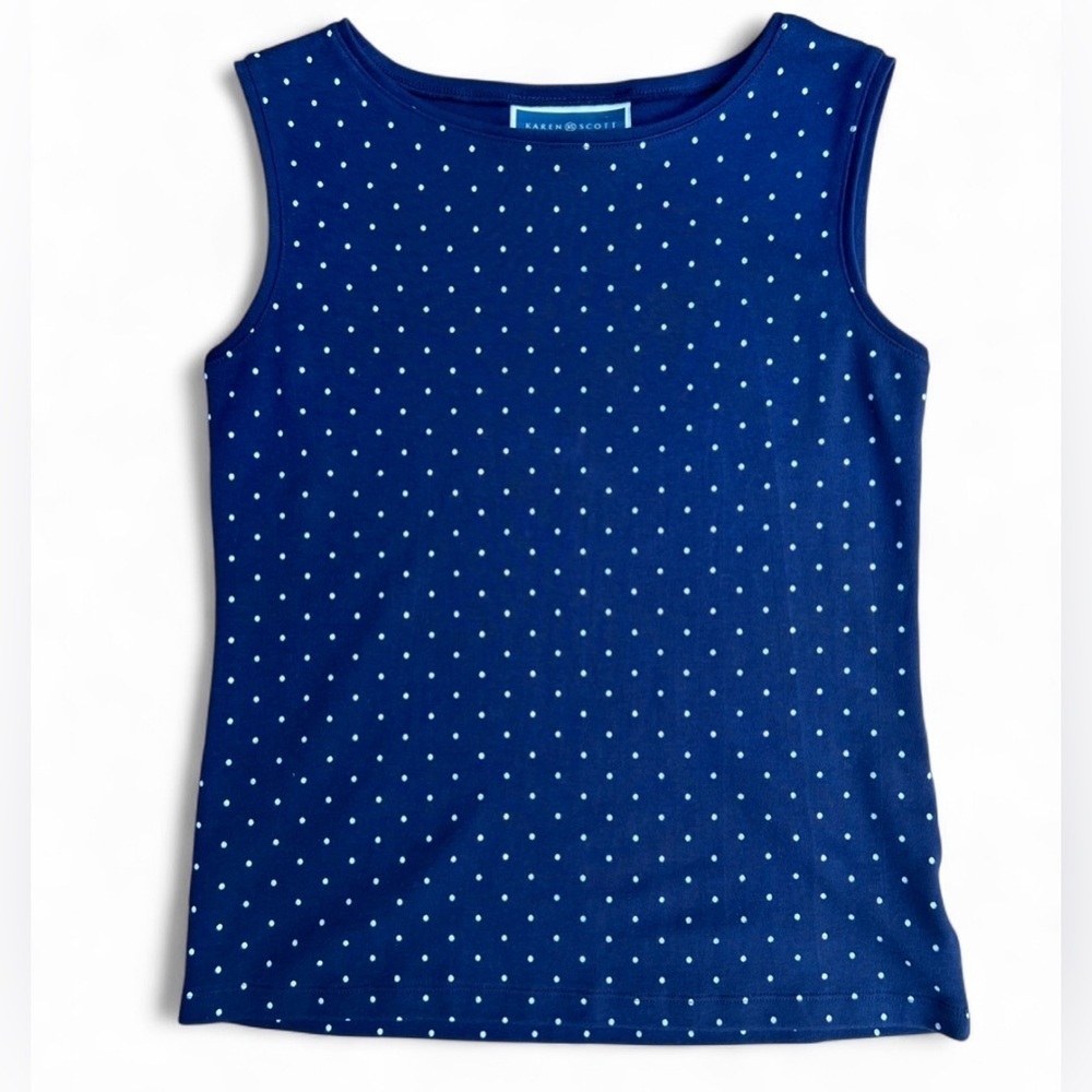 Karen Scott Blue Polka Dot Sleeveless Tank Top Preppy Summer Size S